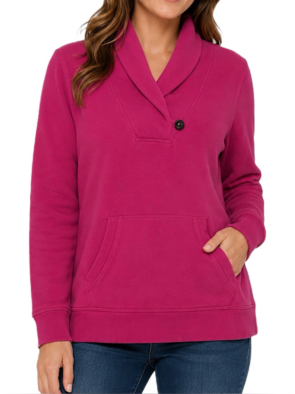 Eddie Bauer Women L Pink Fleece Shawl Collar Pullover Sweatshirt Kangaroo Pocket